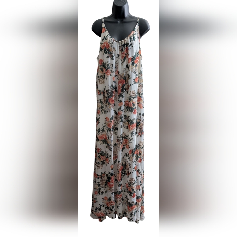 🆕 Women's SIZE X-LARGE Woven Ivory Floral Print Formal Maxi Dress With Pockets